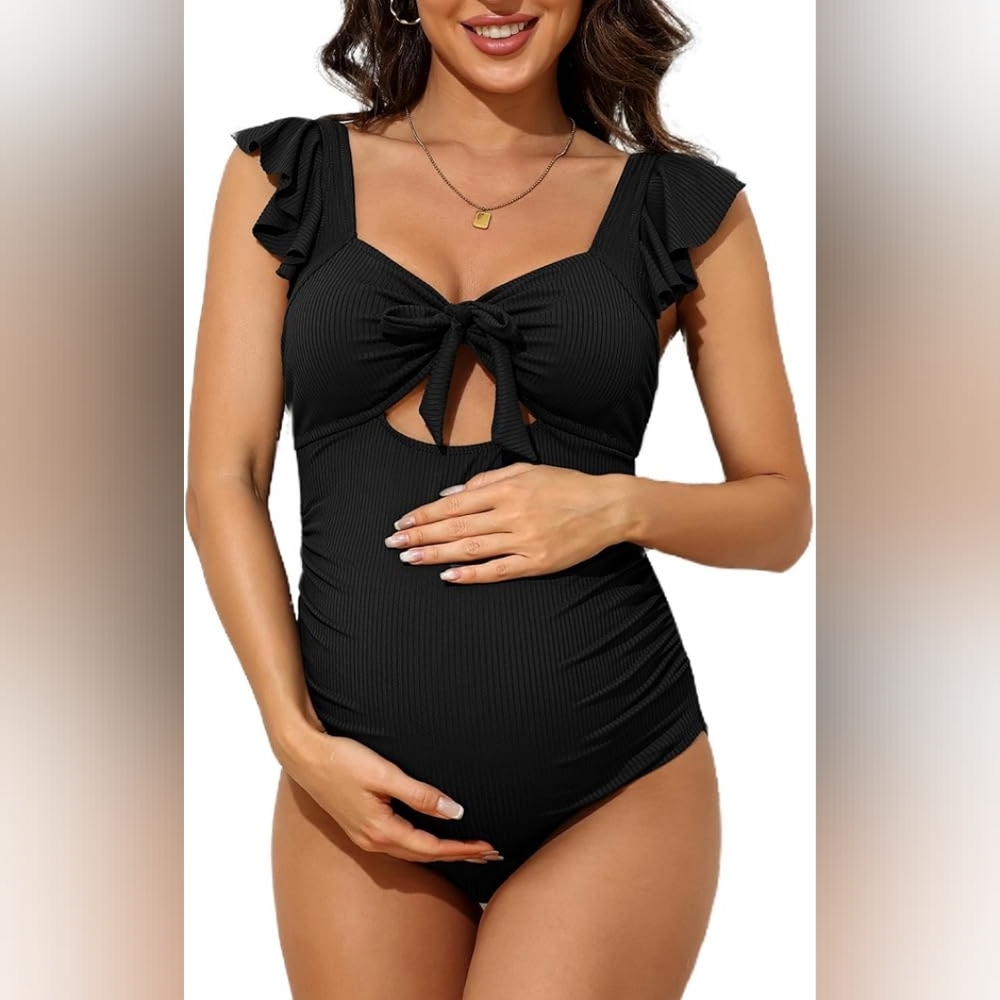 Ruffle Maternity Bathing Suits Ribbed Tie Knot Maternity Swimsuit - Medi…